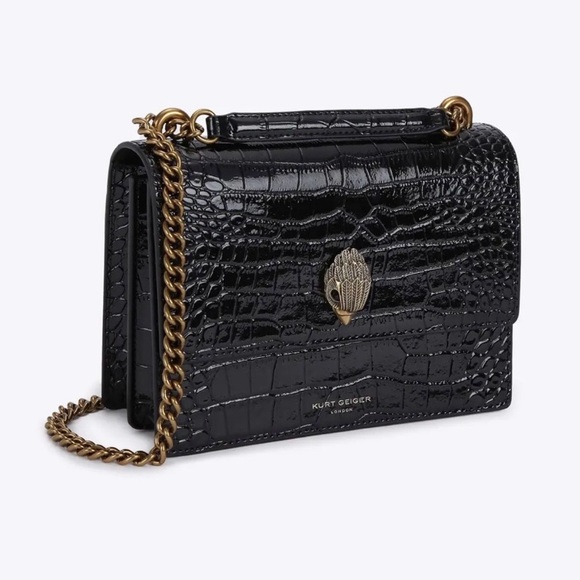 Kurt Geiger Handbags - Kurt Geiger London Croc-Embossed Leather Shoulder Bag • Gold Chain • Black